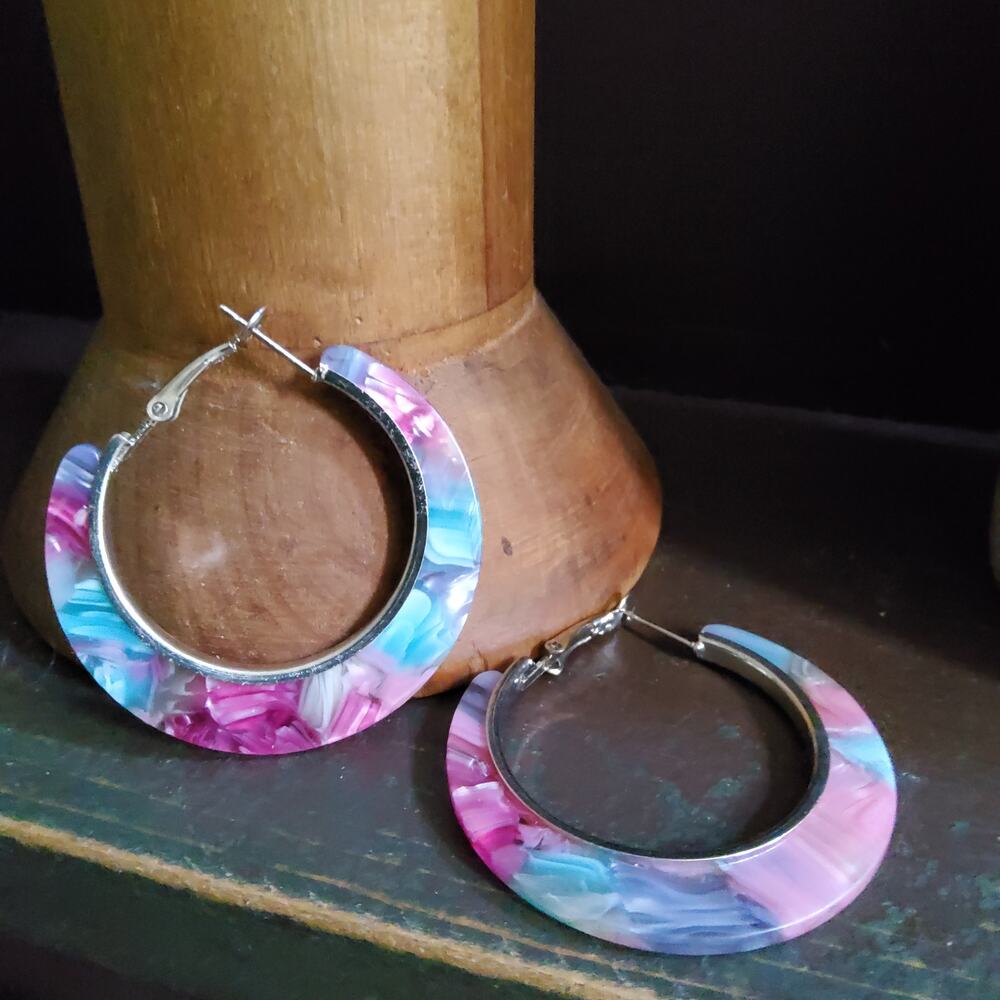 Women's Acrylic Silver Tone Pastel Marbles Hoop Earrings